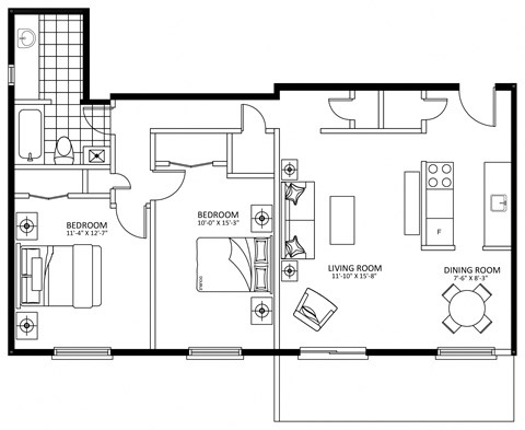 Floor plan for 2 beds, 1 bath, 970 sqft